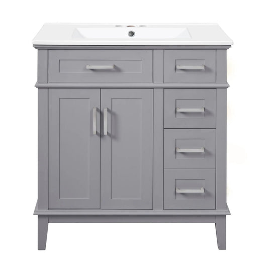 Modern gray bathroom vanity with white sink top, storage drawers, soft close doors on Tampa Home & Garden Store