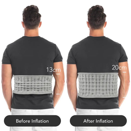 Gray inflatable waist belt for low back pain relief, shown before and after inflation on a man on Tampa Home & Garden Store