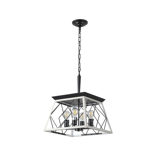 4-light farmhouse chandelier with black chain and square metal frame, exposed bulbs for dining room on Tampa Home & Garden Store