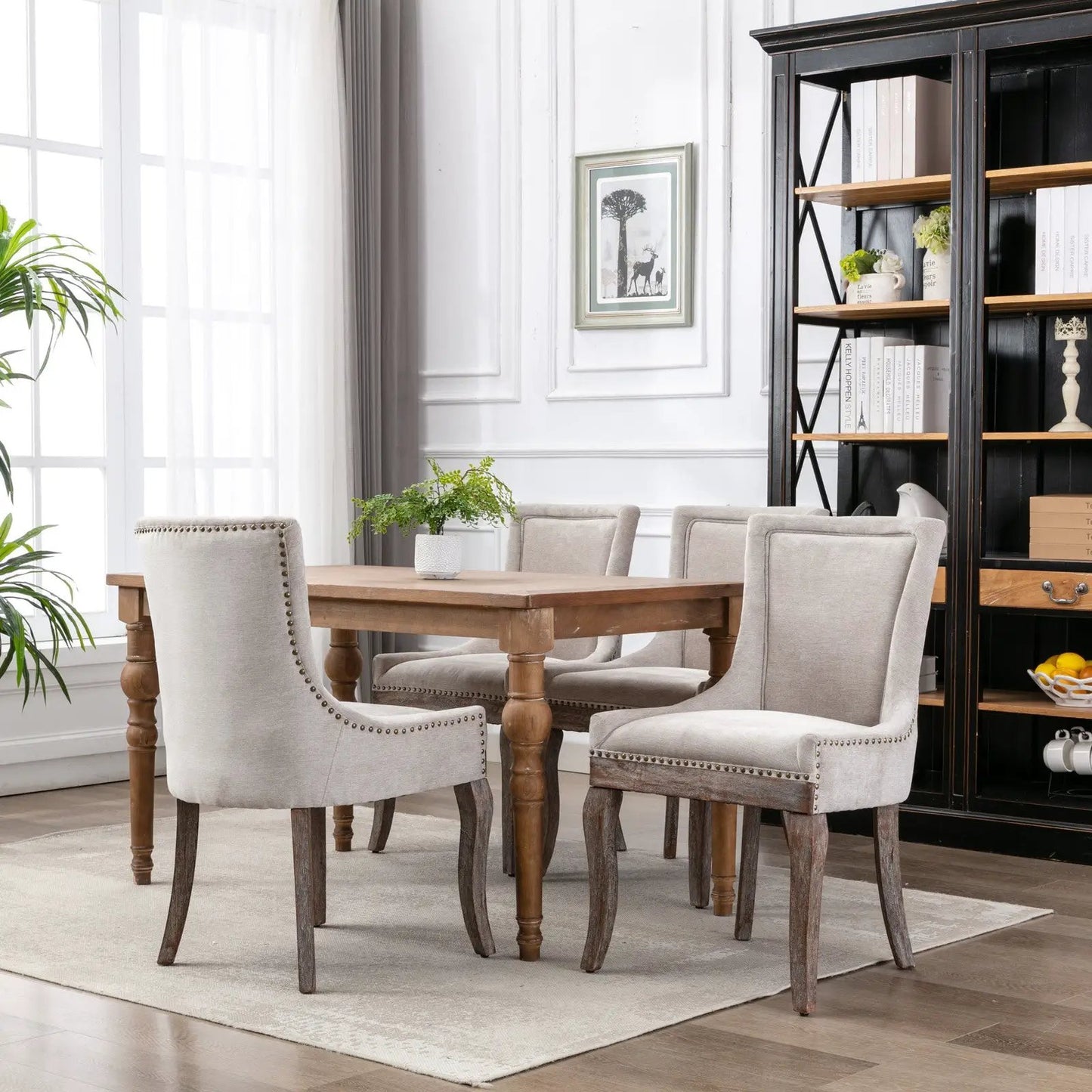 Ultra Side Dining Chair Thickened Beige Fabric upholstery with nailhead trim and wooden legs on Tampa Home & Garden Store
