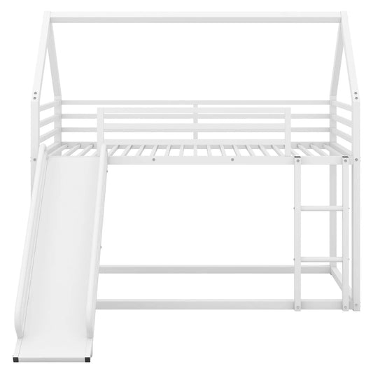 Twin over twin bunk bed with ladder and slide, white wooden frame on Tampa Home & Garden Store