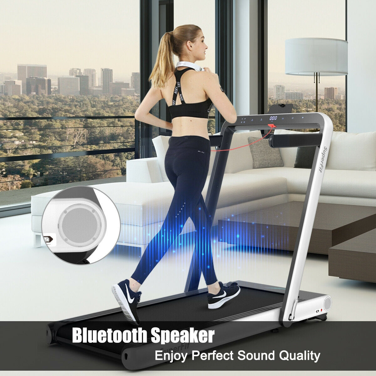 4.75HP 2-in-1 Folding Treadmill with App Control, silver frame, built-in Bluetooth speaker SuperFit on Tampa Home & Garden Store