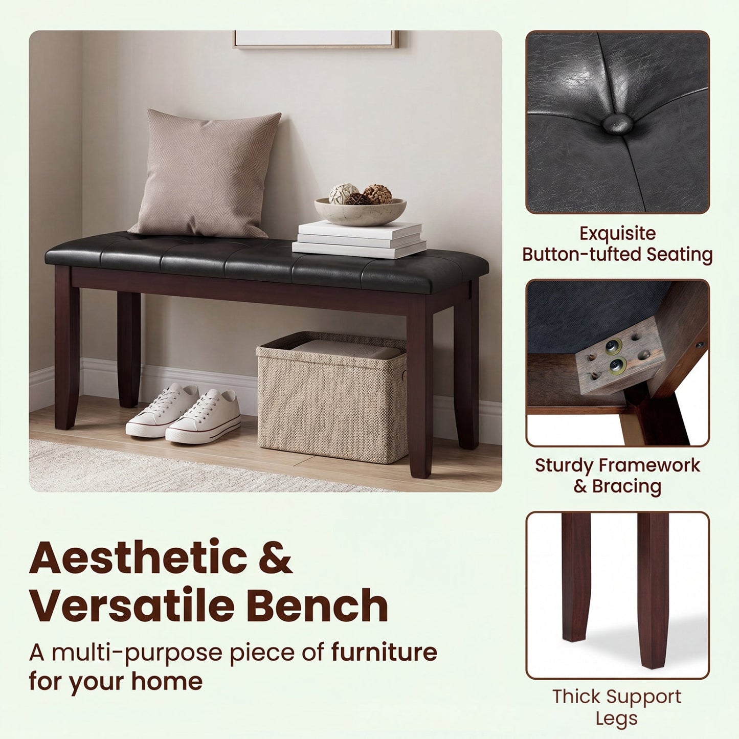 Upholstered Bench with Tufted Black Seat & Dark Wood Legs, DirectDeals, 45.5in on Tampa Home & Garden Store
