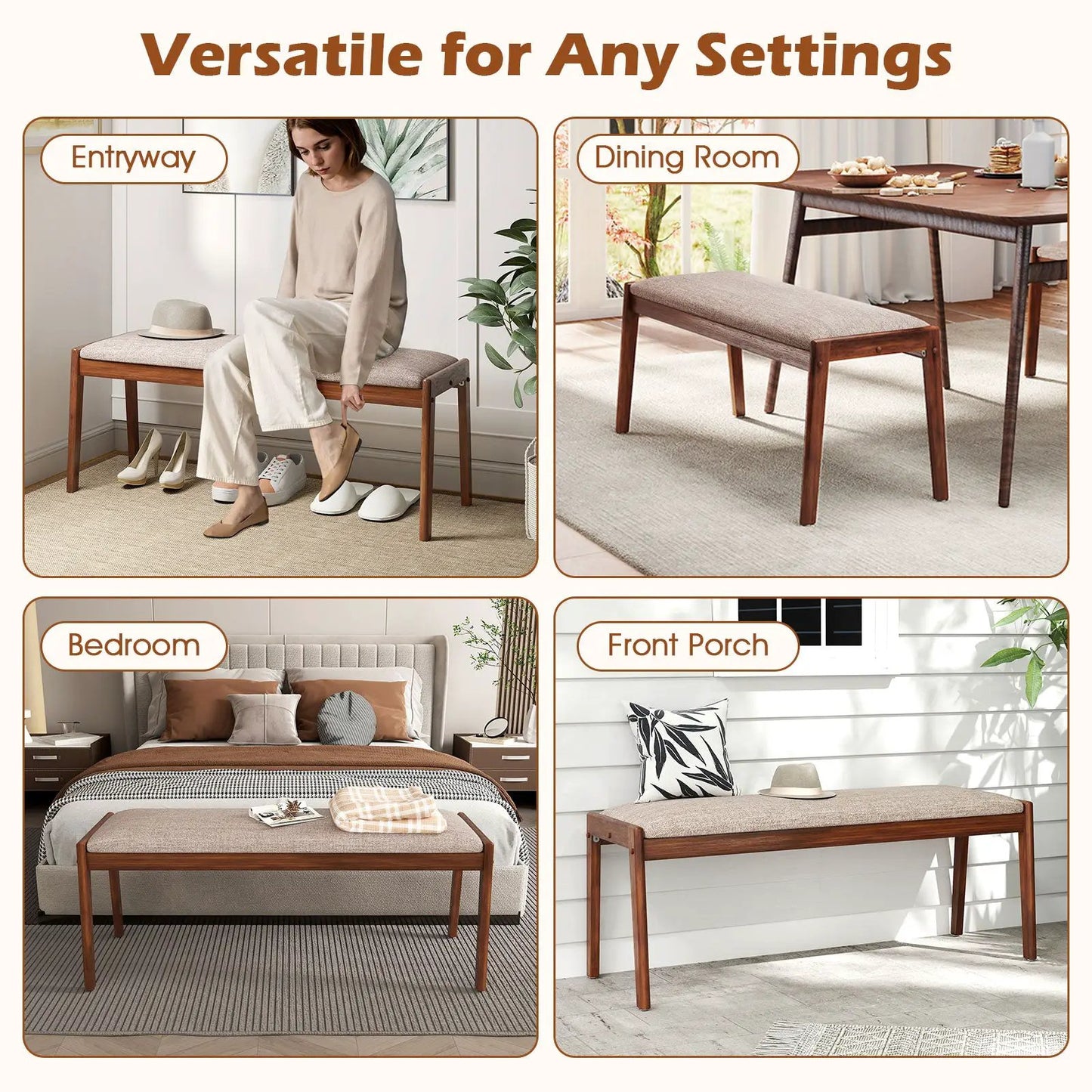 Farmhouse backless bench with fabric padded beige seat, 45in, rubber wood legs, DirectDeals on Tampa Home & Garden Store