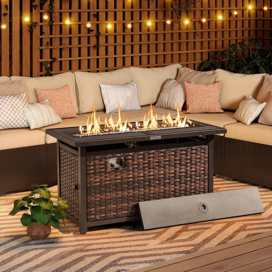 45in propane rattan fire pit table PatioJoy with glass stones and protective cover on Tampa Home & Garden Store