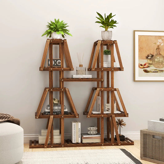 Two 5-tier wooden plant stands in brown finish for 10 potted plants with greenery and books on Tampa Home & Garden Store