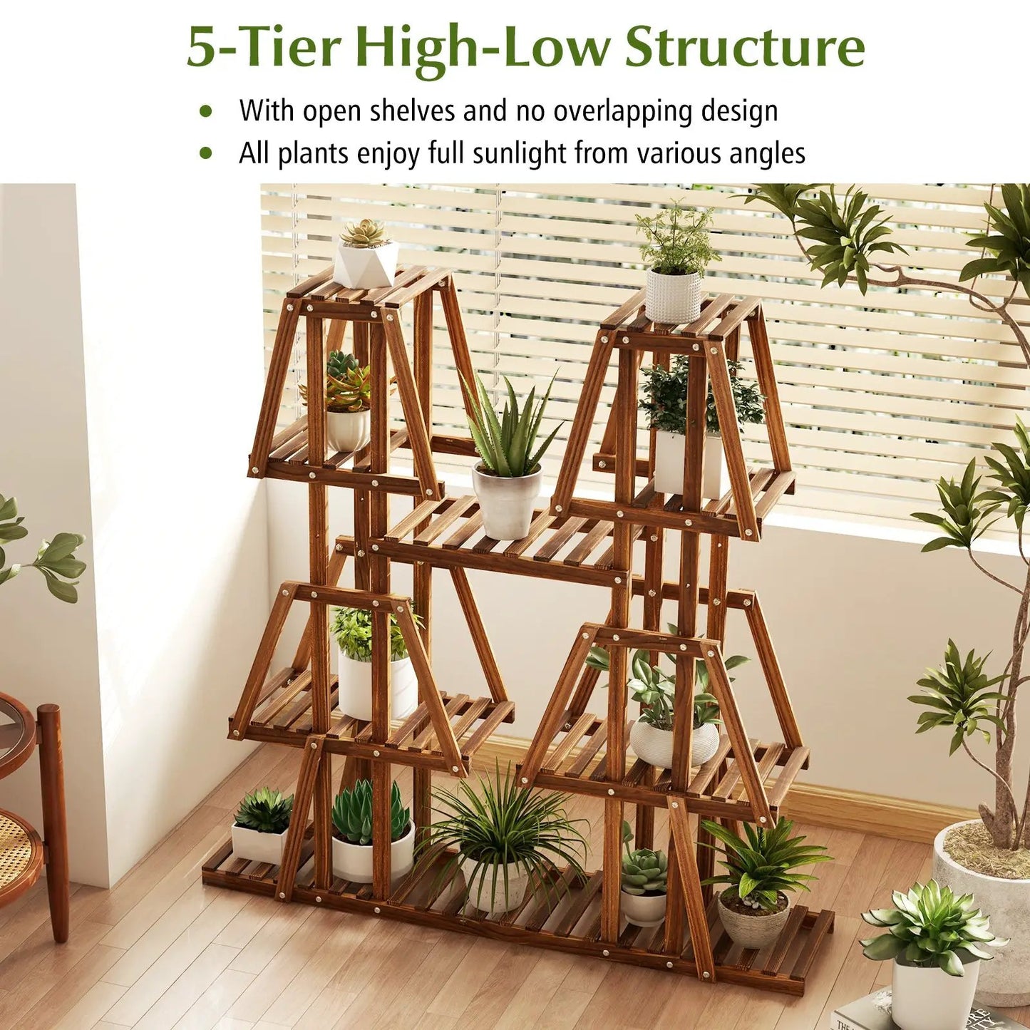 5-Tier wood plant stand for 10 potted plants in natural brown finish on Tampa Home & Garden Store