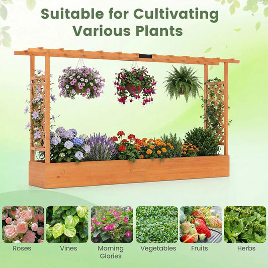 DirectDeals 45 Inch Tall wooden raised garden bed with side trellis and three hanging baskets on Tampa Home & Garden Store
