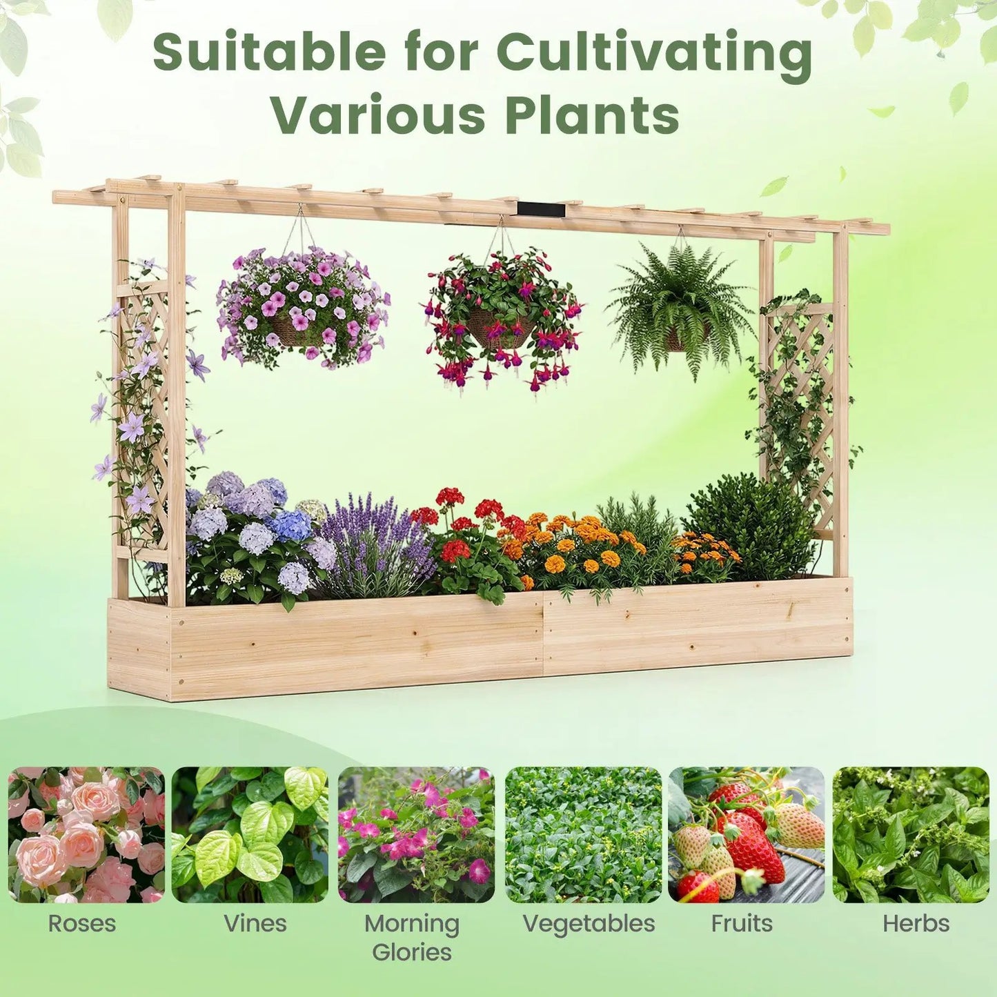 45 Inch tall wooden raised garden bed with side trellis and three hanging baskets of pink blooms on Tampa Home & Garden Store