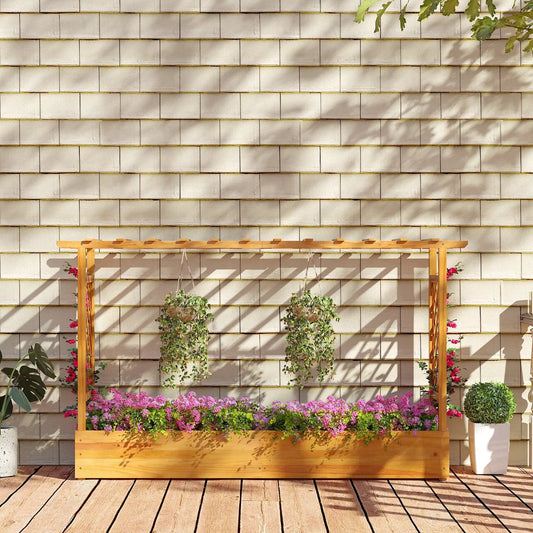 45 Inch Wooden Raised Garden Bed With Trellis natural wood finish with 2 hanging planters on Tampa Home & Garden Store
