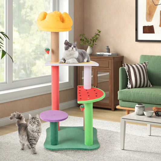 45 Inch Cat Tree with plush top perch and fruit-shaped platforms, posts, two cats in a room on Tampa Home & Garden Store