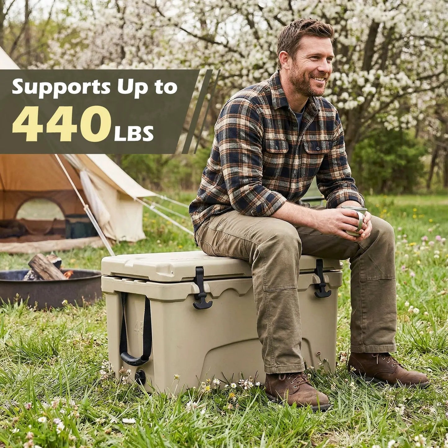 45 Quart portable hard cooler in beige for camping with a man sitting on it on Tampa Home & Garden Store