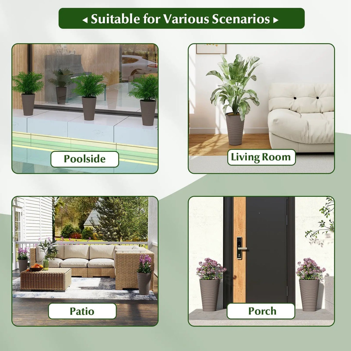 45 cm tall ribbed flower pots with handles, set of 2; shown in poolside and living room scenes on Tampa Home & Garden Store