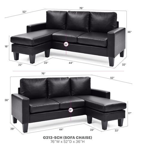 Jenna Sofa Chaise by HouseOfZazla, black leather upholstery, stationary sectional on Tampa Home & Garden Store