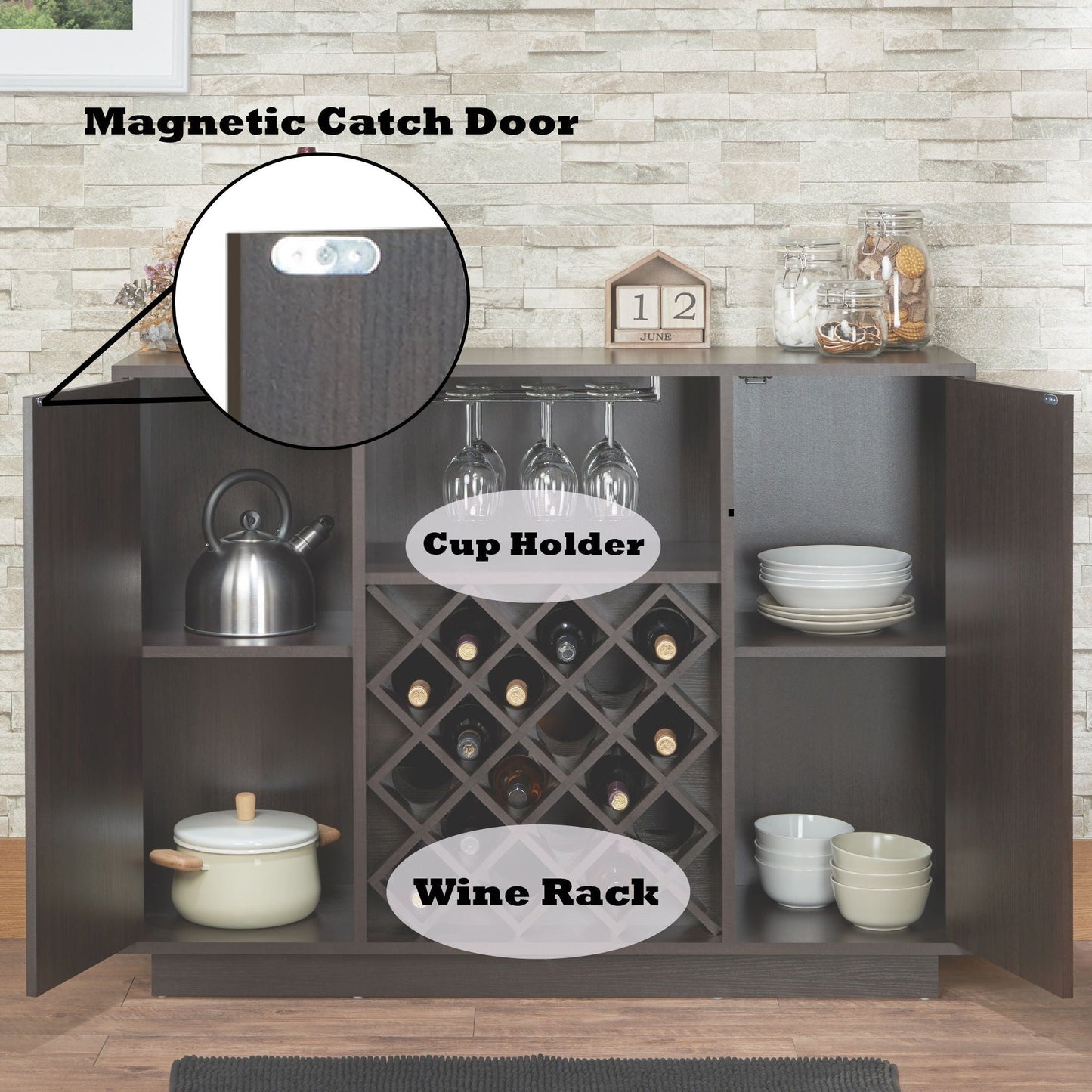 Hazen espresso wine cabinet with integrated wine rack and cup holder on Tampa Home & Garden Store