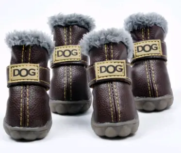Australian Waterproof Fleece Lined Dog Snow Boots, brown with gray fur trim, 4 boots on Tampa Home & Garden Store