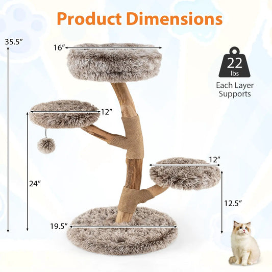 Cat Tree Solid Pear Wood with three plush perches and jute posts brown DirectDeals on Tampa Home & Garden Store