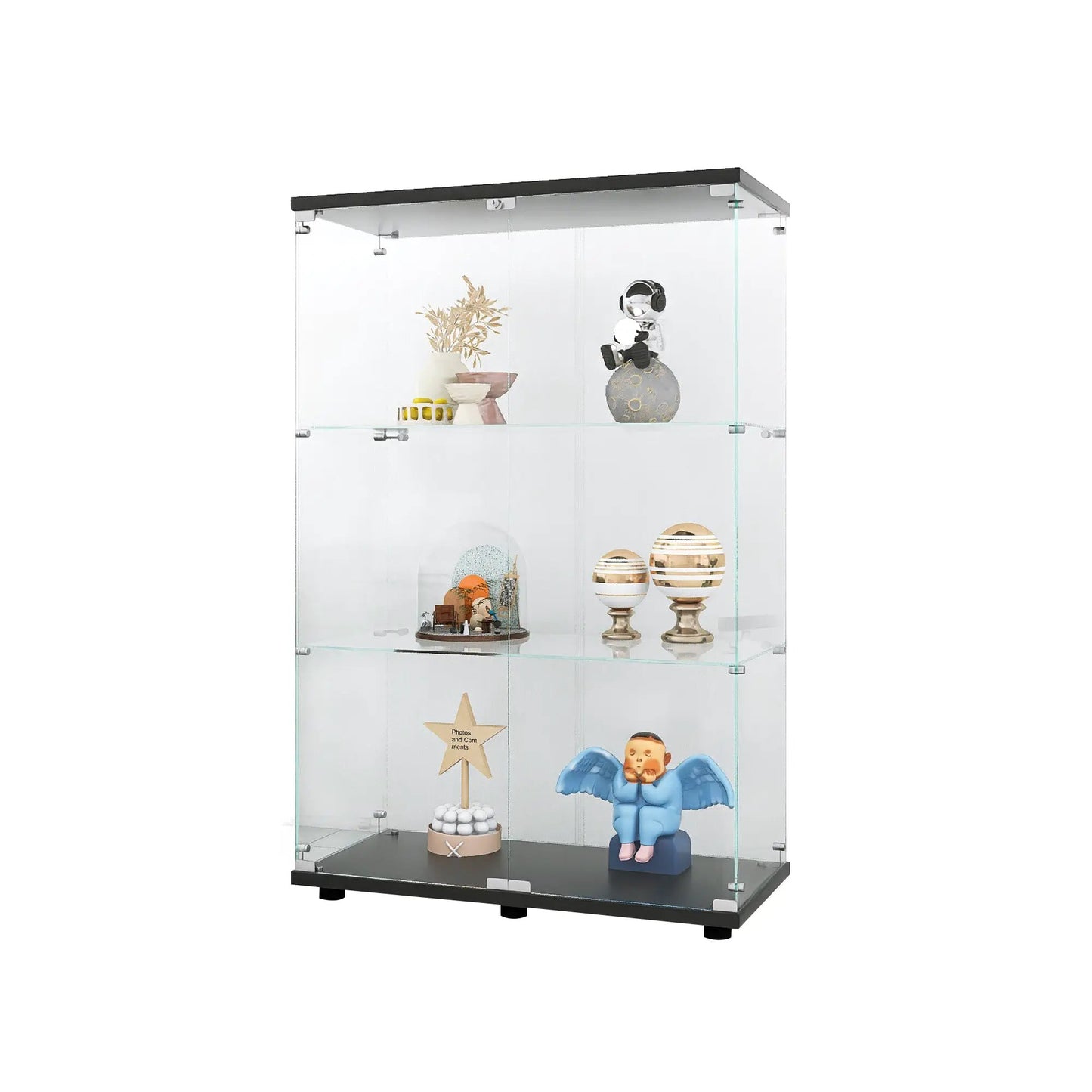 Three double-door glass display cabinets in black with glass shelves, tall display units on Tampa Home & Garden Store
