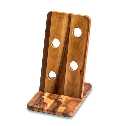 Kalmar Home acacia wood tabletop floating wine bottle holder for 4 bottles with four round holes on Tampa Home & Garden Store