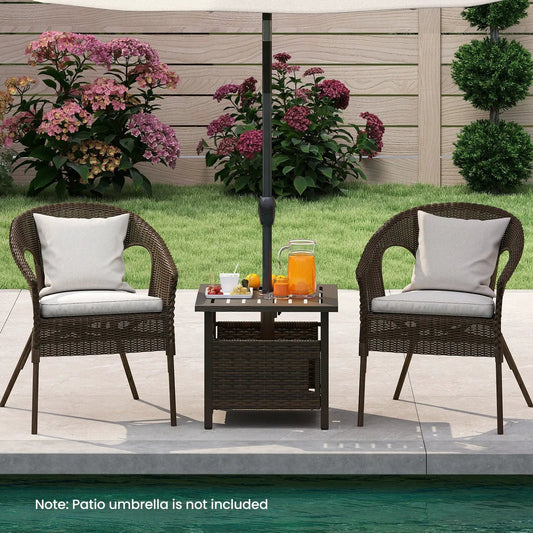 Outdoor side table with 1.93 Inch umbrella hole brown hand-woven PE rattan, between chairs on Tampa Home & Garden Store