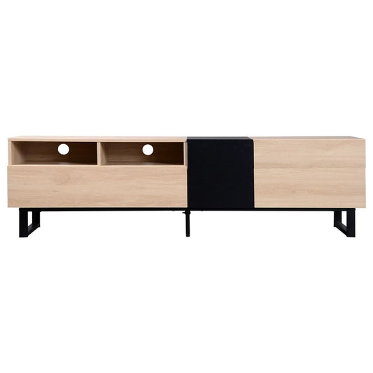 Modern light wood TV stand for 80in TV with black drop-down door and two open cubbies on Tampa Home & Garden Store