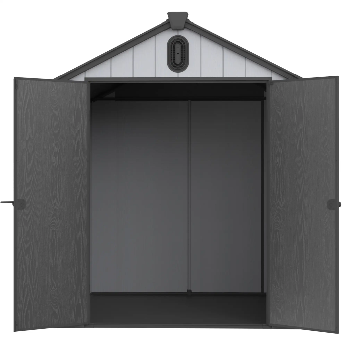 XWT012 6x8 ft plastic storage shed gray with woodgrain double doors and roof vent on Tampa Home & Garden Store
