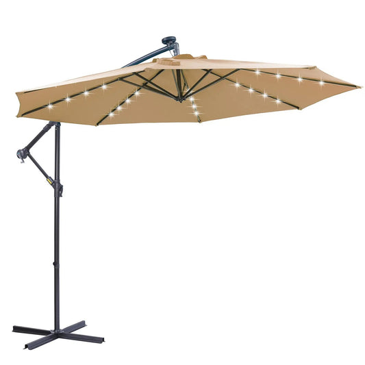 10 ft solar LED patio umbrella taupe canopy with 32 LEDs, offset cantilever on Tampa Home & Garden Store
