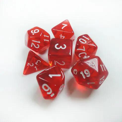 Crystal acrylic seven-polyhedral dice set in red translucent with white numbers, 7 dice on Tampa Home & Garden Store