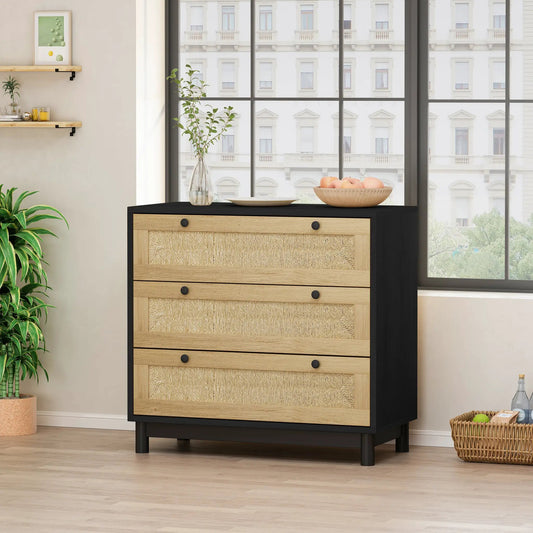 30.31 Inch Rope Woven Storage Cabinet with 3 drawers, natural wood fronts, black frame on Tampa Home & Garden Store
