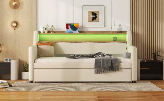 Beige twin daybed with trundle and LED lights, beige upholstery, green backlit panel on Tampa Home & Garden Store
