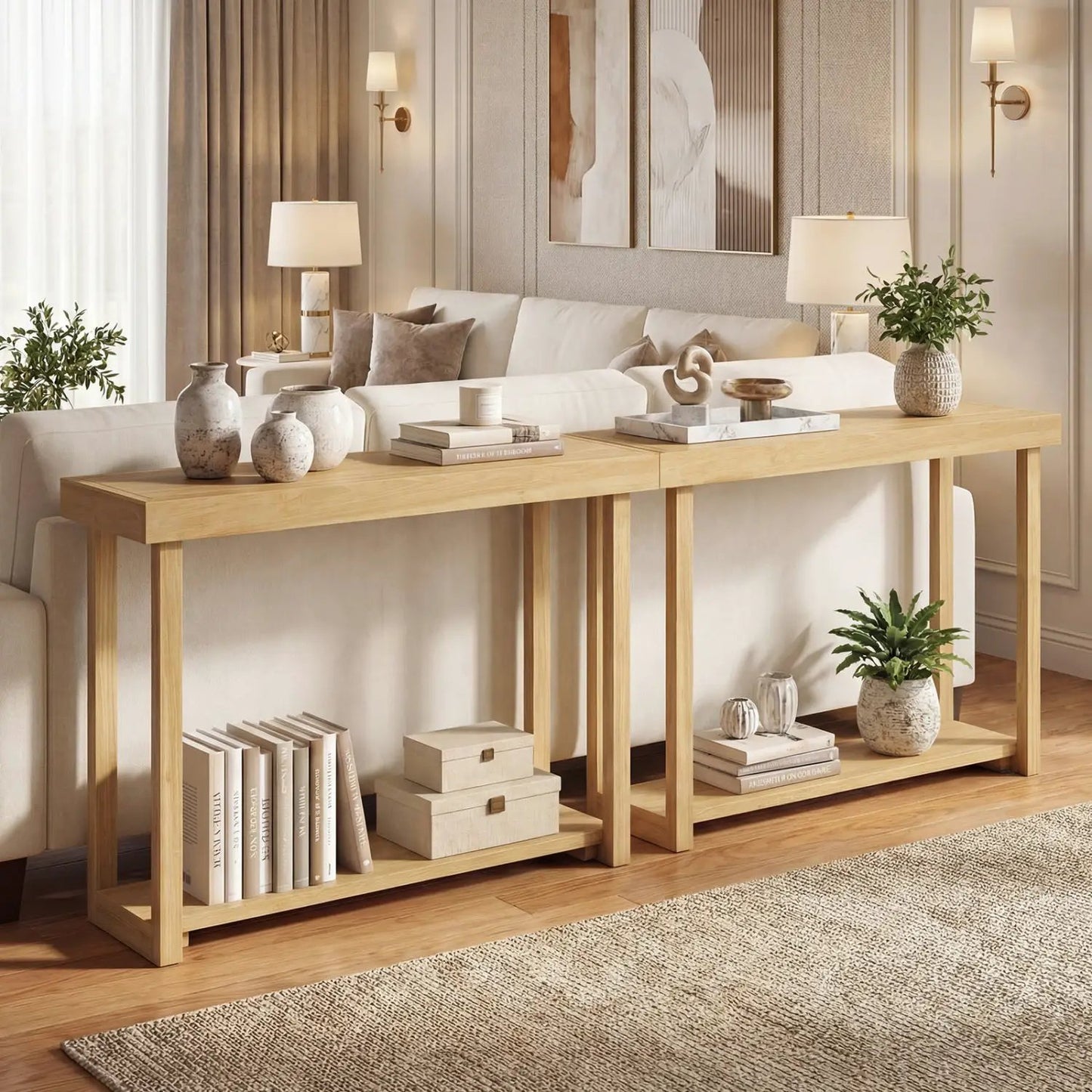46 Inch Solid Wood Console Table 2-Tier Farmhouse with vases and books on Tampa Home & Garden Store