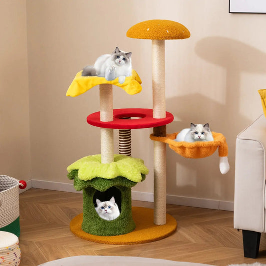 Cat Tree 46 Inch Tall by DirectDeals with orange mushroom top and green base; three cats on Tampa Home & Garden Store