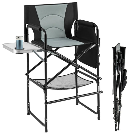 Directors chair with foldable side table and footrest, black frame, gray padded seat on Tampa Home & Garden Store