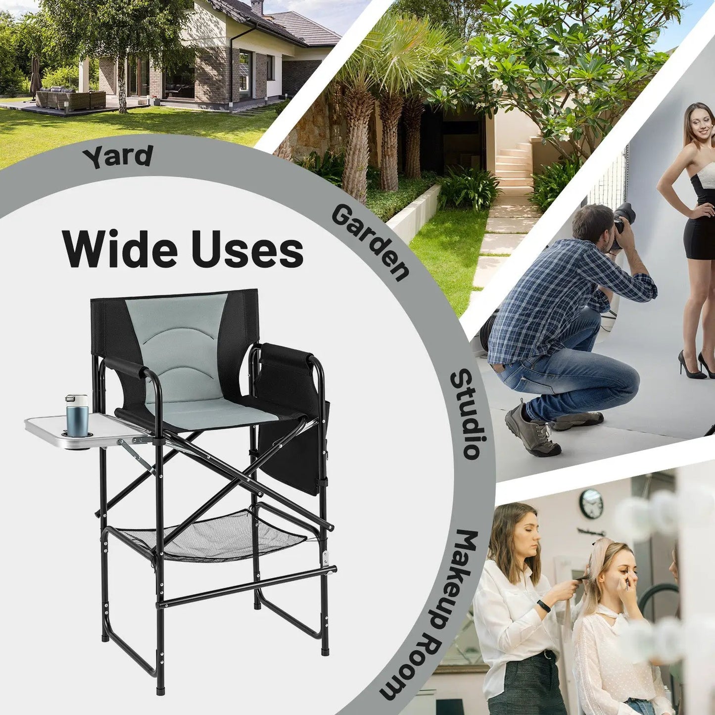 DirectDeals Directors Chair with Foldable Side Table and Footrest, gray fabric folding chair on Tampa Home & Garden Store