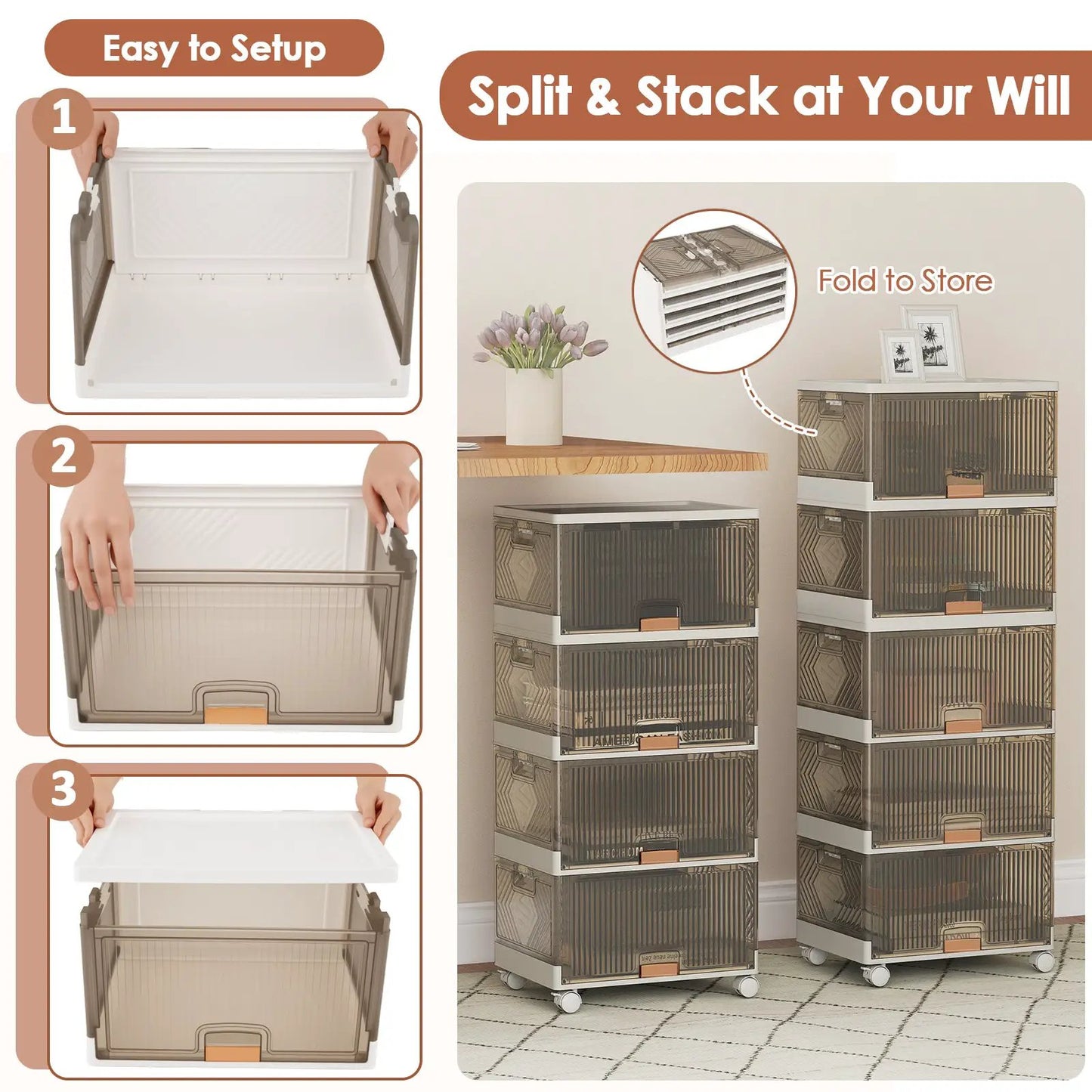 Stackable Storage Bins with Detachable Wheels by DirectDeals, clear plastic with brown frame on Tampa Home & Garden Store
