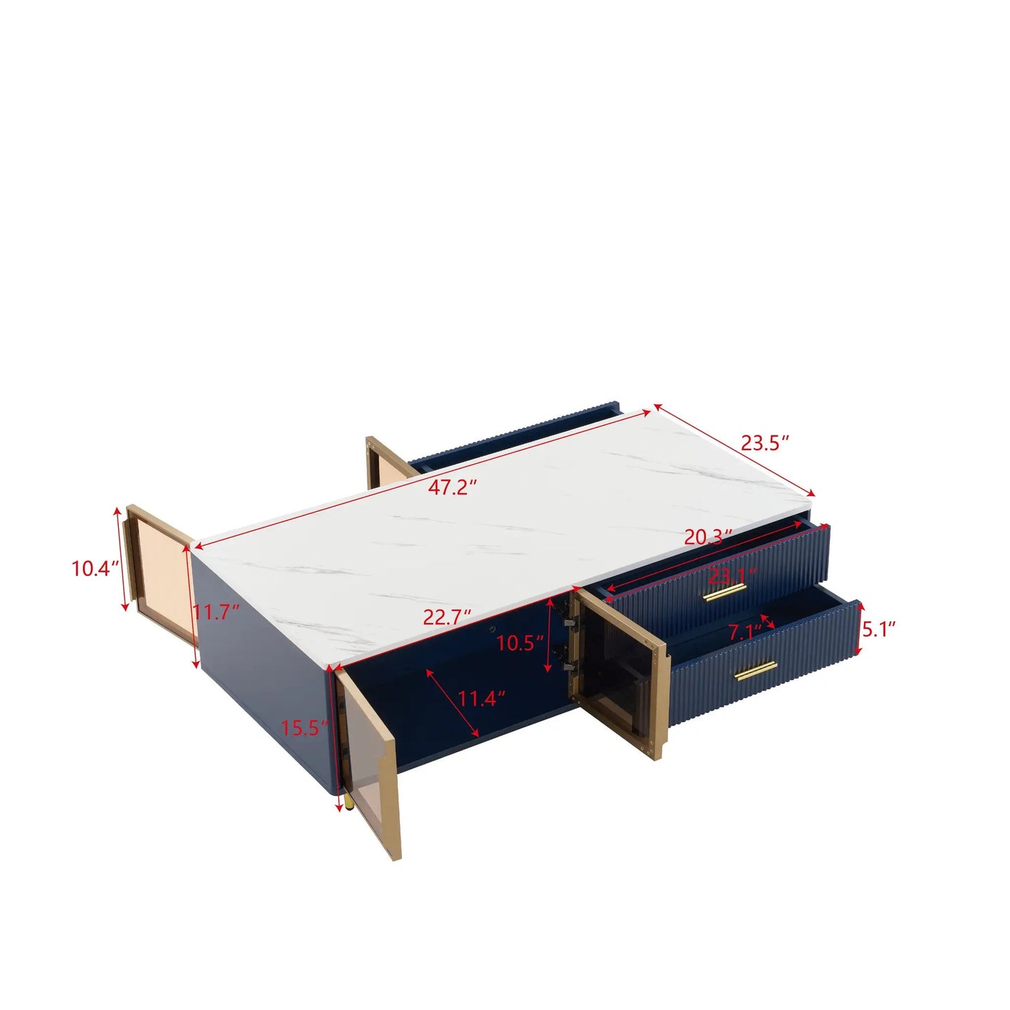 Modern navy blue coffee table with marble top, glass doors, and gold-tone frame on Tampa Home & Garden Store