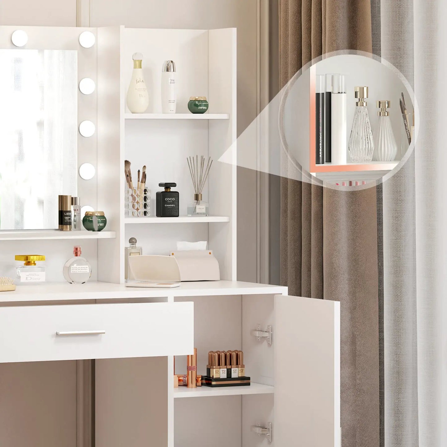 Vanity desk with mirror and built-in lights, white finish, large drawer VIP Digital Presence on Tampa Home & Garden Store