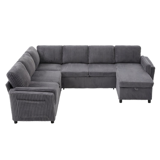 HouseOfZazla gray corduroy convertible U-shaped sectional sofa with chaise and storage on Tampa Home & Garden Store