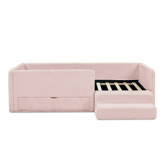 Safe Kids Bed With Guardrails And Storage storage bed in soft pink upholstery with drawers on Tampa Home & Garden Store
