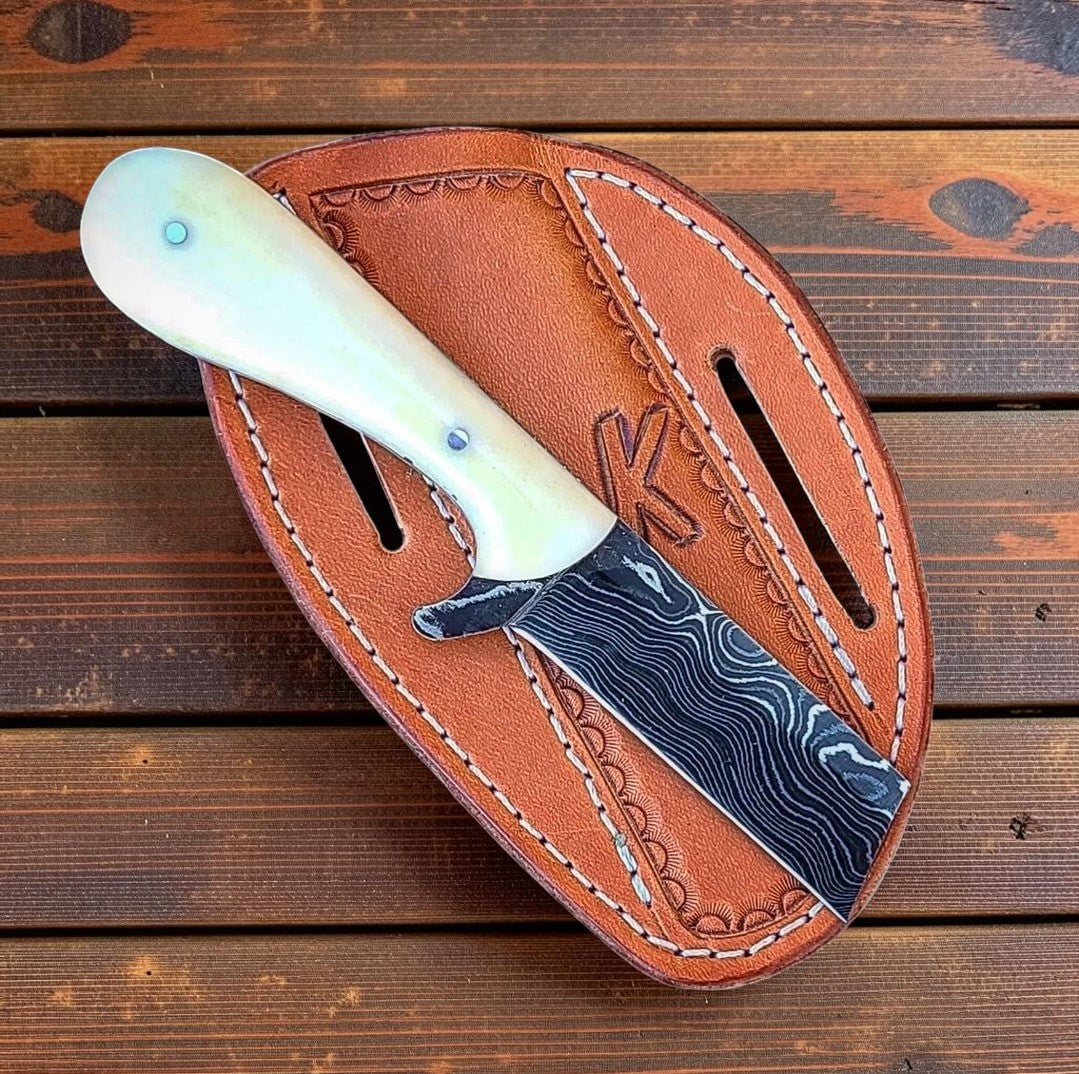 Knife Bone Yard Damascus Bull Cutter with bone handle and leather sheath Frontier Cowboy Gear on Tampa Home & Garden Store