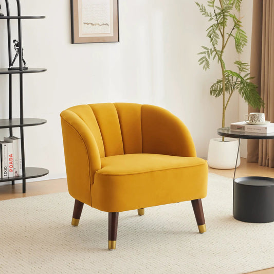 Upholstered Barrel Chair mustard yellow fabric with wooden legs on Tampa Home & Garden Store