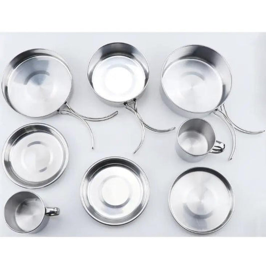 8-Piece Stainless Steel Camping Cookware Set with pots and mugs on Tampa Home & Garden Store