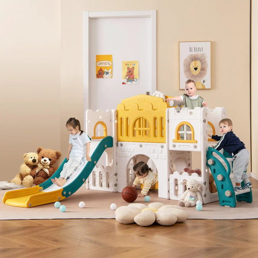 Toddler slide playset with tunnel and ladder, yellow center castle, white walls, teal slide on Tampa Home & Garden Store