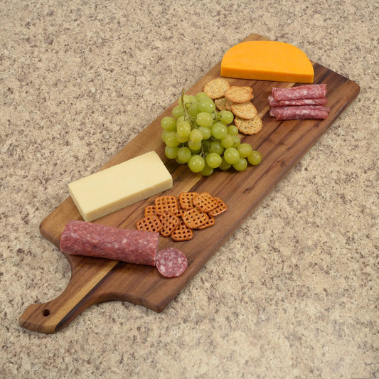 Acacia wood cutting and charcuterie board Kalmar Home extra long with cheese and grapes on Tampa Home & Garden Store