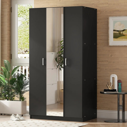 Black triple-door wardrobe with mirror panel and inner shelves on Tampa Home & Garden Store