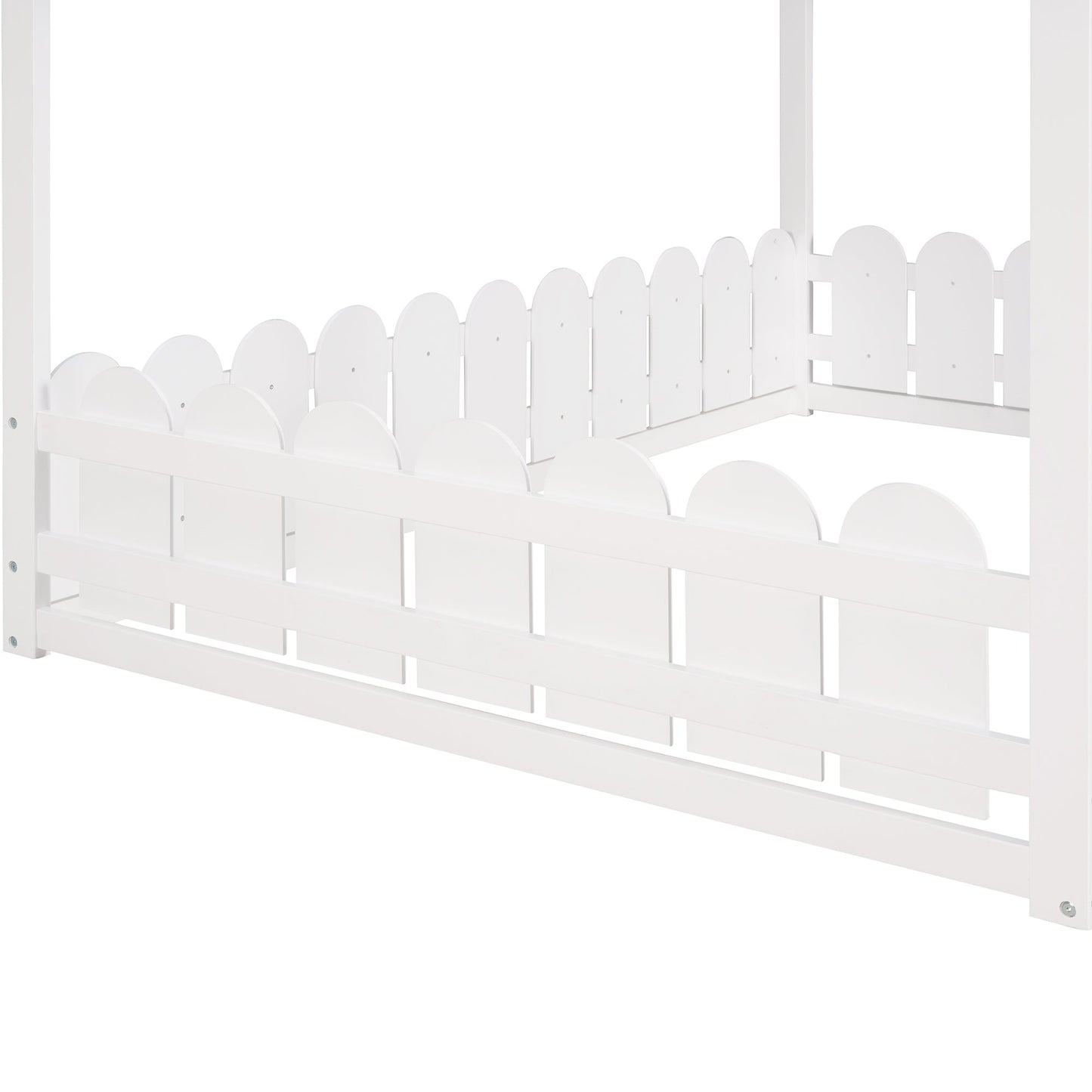 Full Size Wood Bed House Bed Frame with Fence for Kids (White)