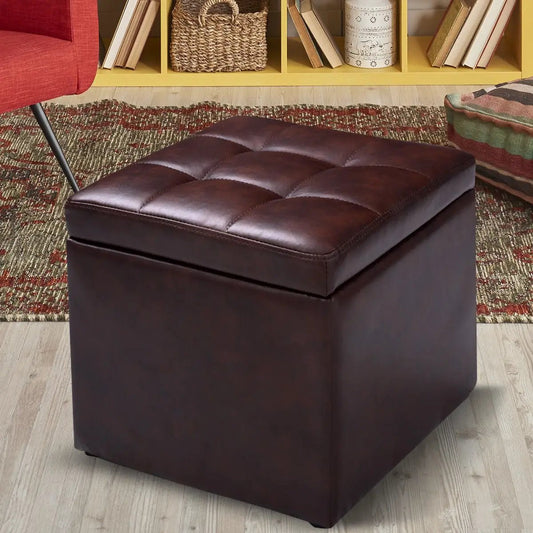 Foldable cube ottoman pouffe with tufted dark brown faux leather upholstery on Tampa Home & Garden Store