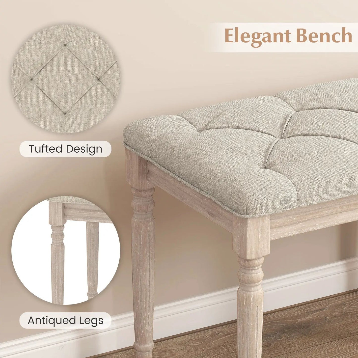 Beige upholstered 47.5-inch bench with tufted cushion and antique wood legs on Tampa Home & Garden Store