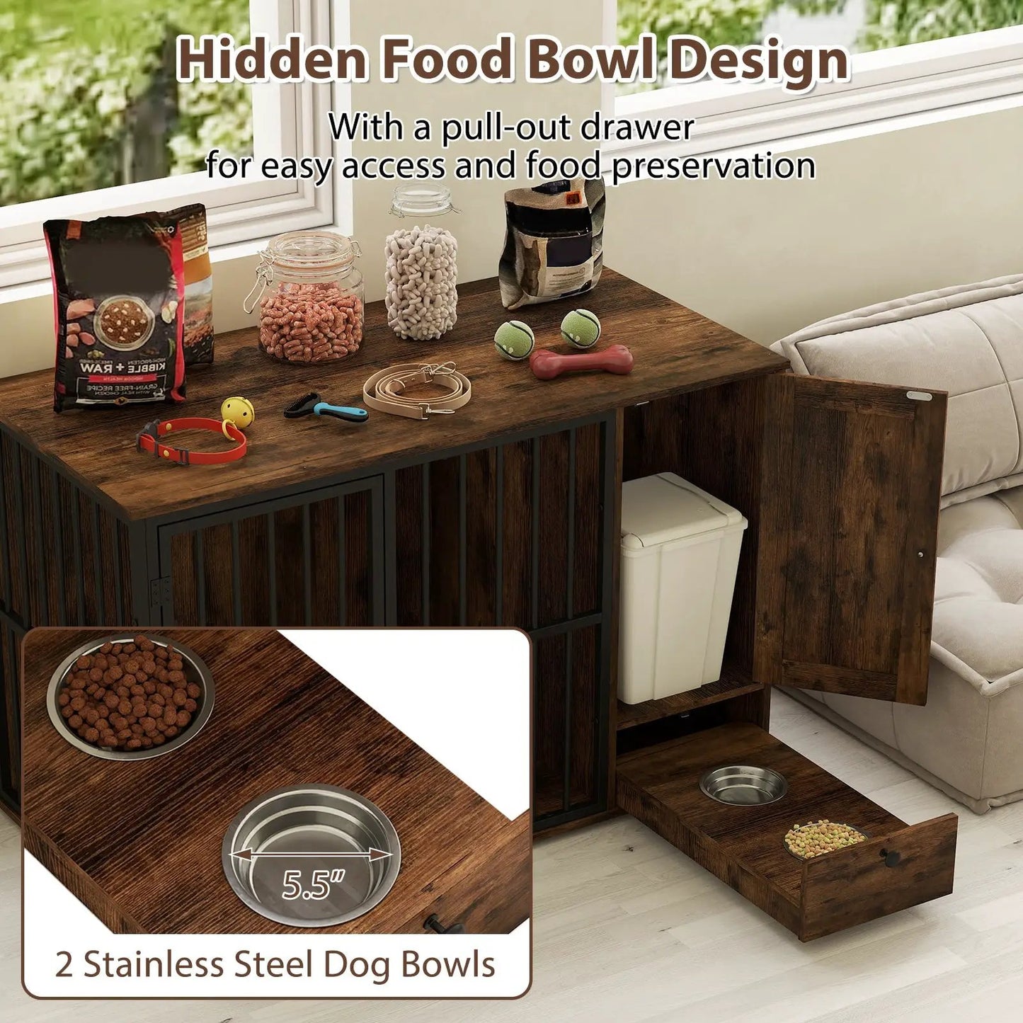 47.5in dog crate table with hidden pull-out bowls in drawer, rustic brown wood DirectDeals on Tampa Home & Garden Store