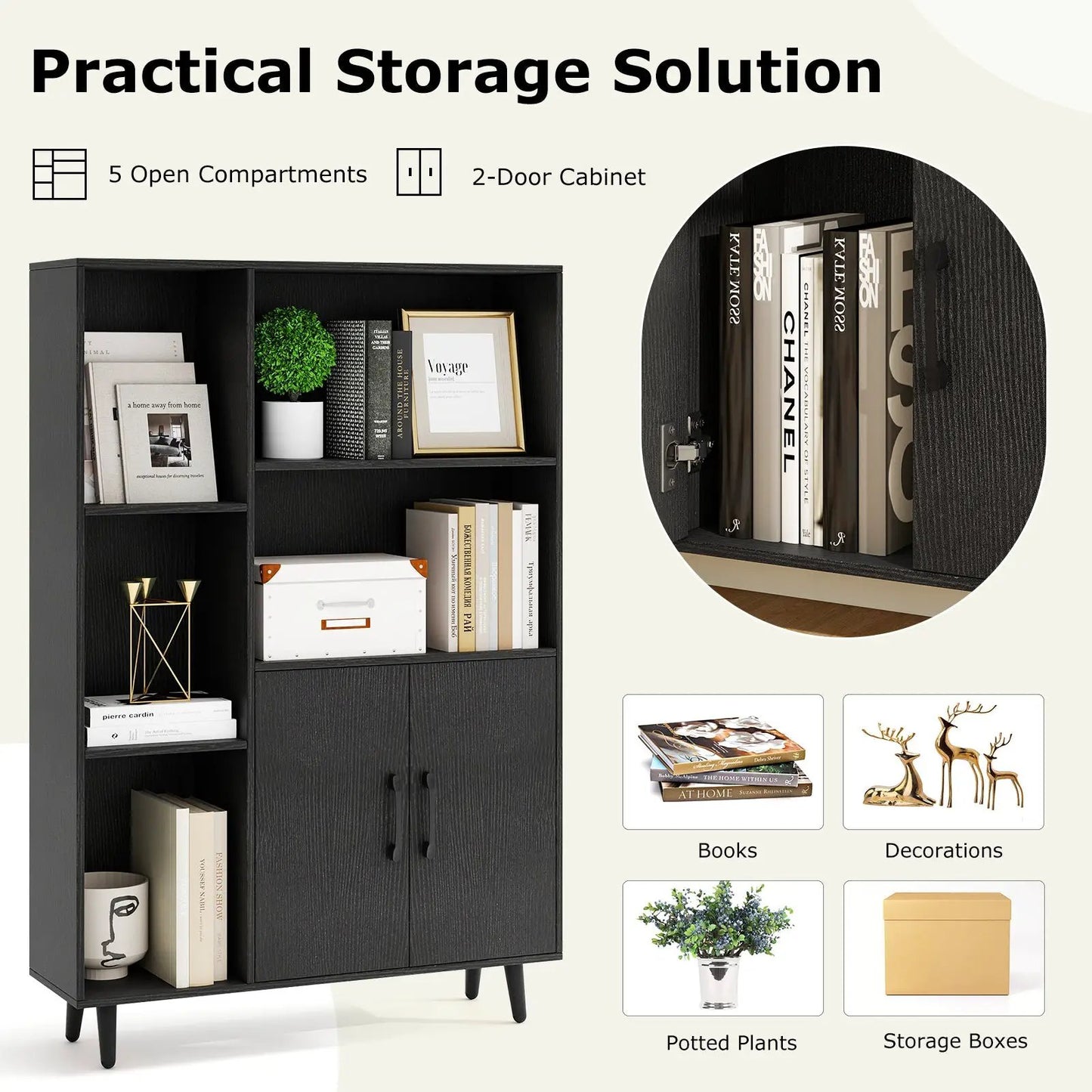 DirectDeals 4 Inch Floor Bookshelf with 5 Open Compartments and 2-Door Cabinet in Black on Tampa Home & Garden Store
